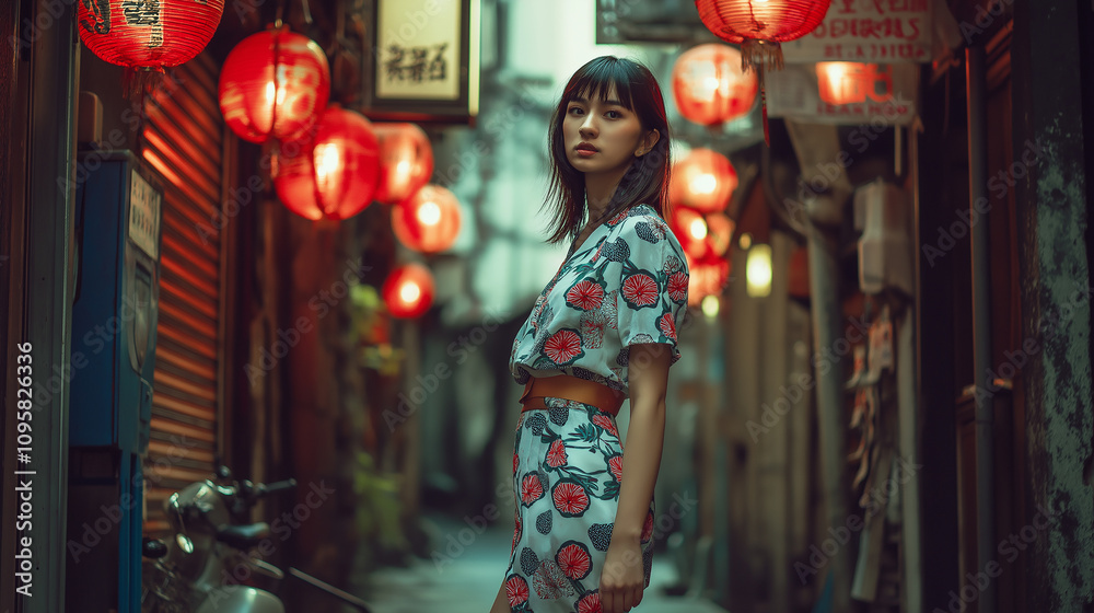 Japanese model in modern yukata with sneakers, walking through a quiet alley with red lanterns - Traditional meets casual, soft light Japanese model in modern yukata with sneakers, walking through a quiet alley with red lanterns - Traditional meets casual, soft light