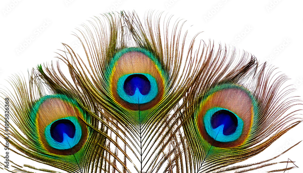 Obraz premium Beautiful Peacock Feathers with Blue and Green Eyespots on White Background