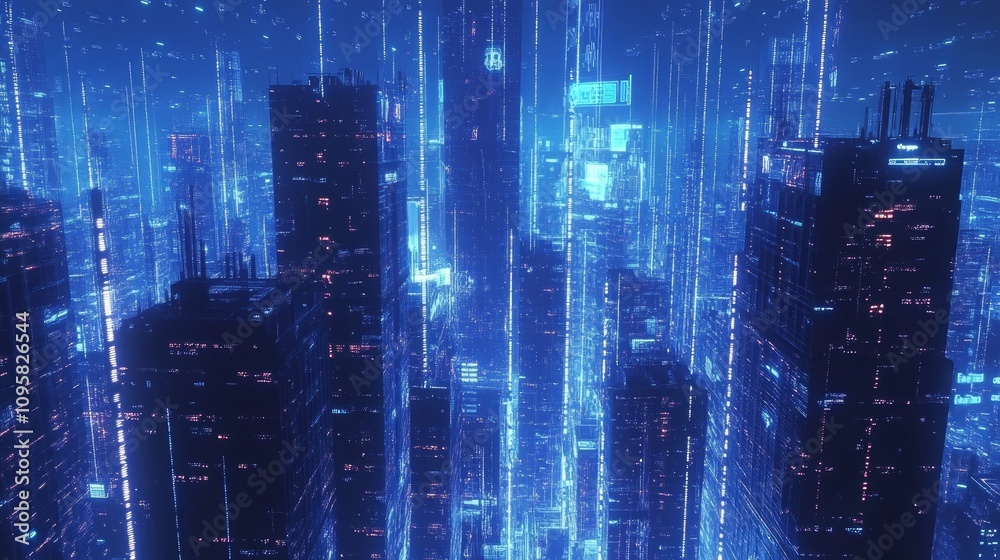 Fototapeta premium Futuristic cityscape at night, glowing skyscrapers, digital rain.