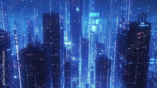 Wallpaper Mural Futuristic cityscape at night, glowing skyscrapers, digital rain. Torontodigital.ca