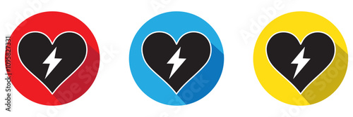 Aed sign with heart and electricity symbol.