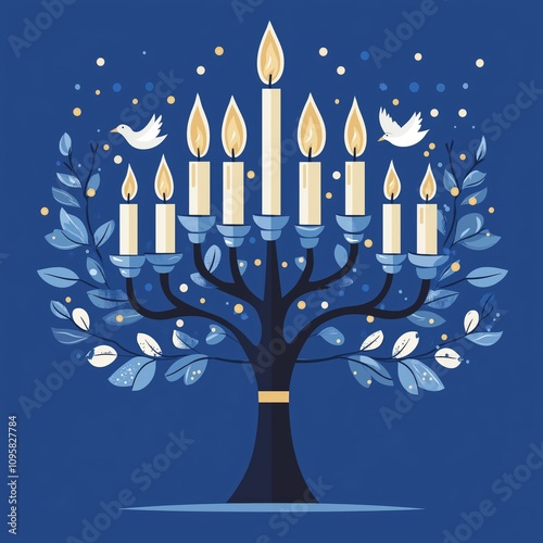 Elegant Blue and White Hanukkah Greeting Card Design Featuring Nine-Branch Menorah, Burning Candles, White Dove, and Minimalist Floral Elements on a Simple Blue Background.