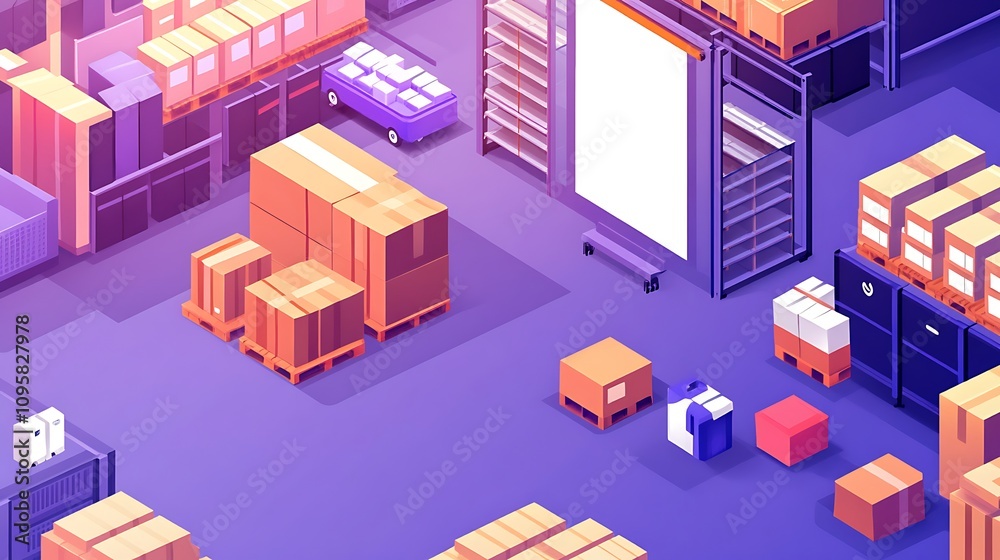 A stylized warehouse scene with stacked boxes and storage units. A stylized warehouse scene with stacked boxes and storage units.