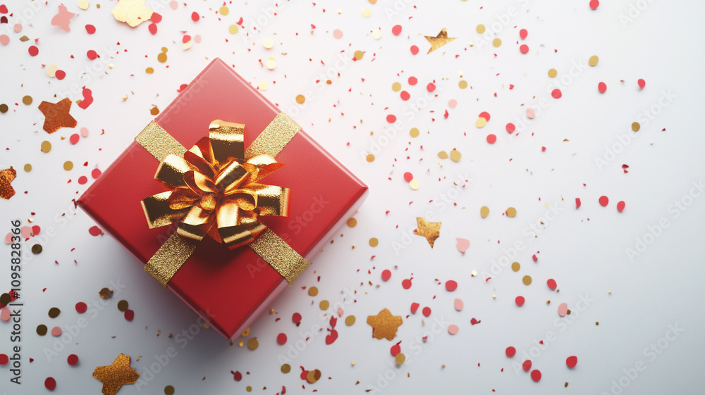 red gift box with a bow and confetti on a white background red gift box with a bow and confetti on a white background