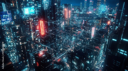 Futuristic cityscape at night, illuminated with vibrant neon lights and intricate network of connections.