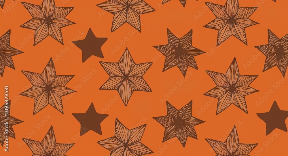 Brown Star pattern hand drawn design on Orange background illustration Brown Star pattern hand drawn design on Orange background illustration