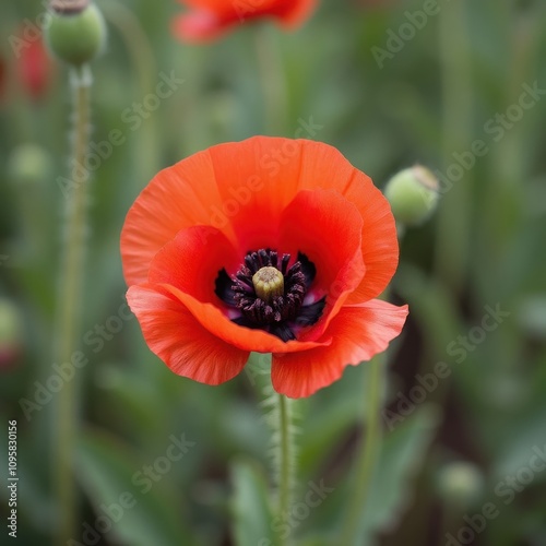 Red poppy flower standing in green field 