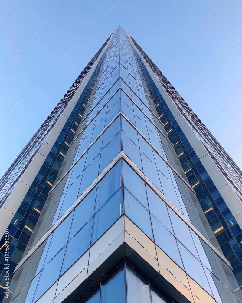 Modern skyscraper windows reflecting clear blue sky urban environment minimalist photography high-angle view architectural details for seo impact Modern skyscraper windows reflecting clear blue sky urban environment minimalist photography high-angle view architectural details for seo impact