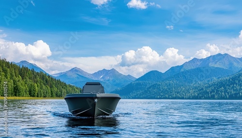 Boat adventure on tranquil lake stunning mountains nature photography photo