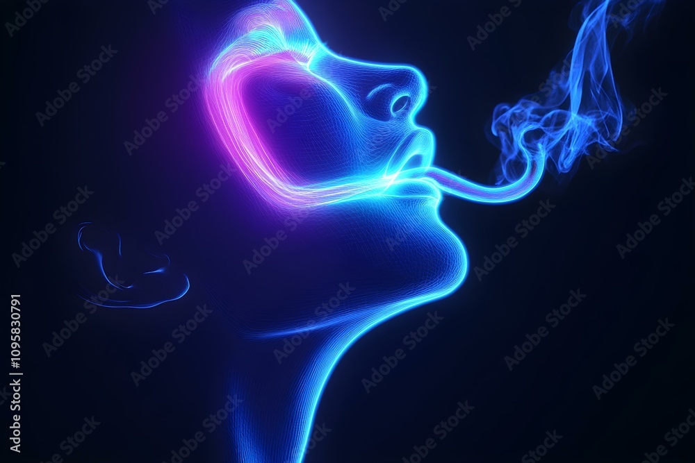 Neon silhouette of frosty breath in the air isolated on black background. Neon silhouette of frosty breath in the air isolated on black background.