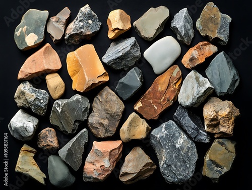 Collection of various rough, uncut stones of different colors and textures arranged on a black background.