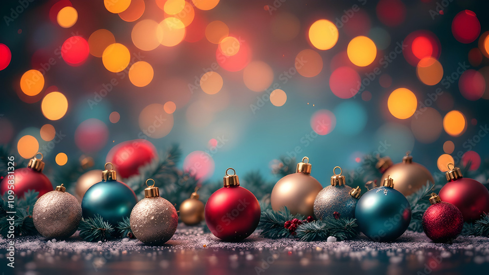 Closeup of colorful Christmas baubles arranged on a snowy surface with a bokeh background of warm and cool lights. Pine sprigs add a natural touch. Closeup of colorful Christmas baubles arranged on a snowy surface with a bokeh background of warm and cool lights. Pine sprigs add a natural touch.