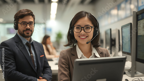 Multilingual customer service agents helping international clients in a high tech call center in Modern Office