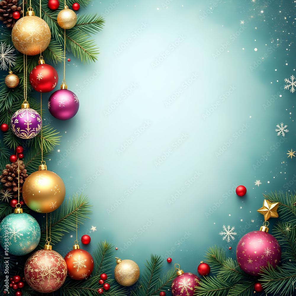 Colorful Christmas baubles, pine branches, berries, pinecones, and snowflakes frame a teal background. Ideal for festive greetings. Colorful Christmas baubles, pine branches, berries, pinecones, and snowflakes frame a teal background. Ideal for festive greetings.