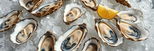 Freshly shucked blue point oysters arranged on a bed of ice, raw oysters, appetizer selection