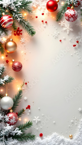 Snowdusted fir branches frame a light background. Red, gold, and white Christmas ornaments, snowflakes, and berries create a festive border. Warm lights add a magical glow. photo