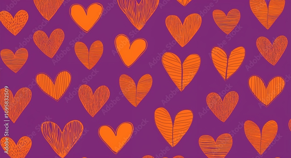 Orange Heart pattern hand drawn design on Purple background illustration Orange Heart pattern hand drawn design on Purple background illustration