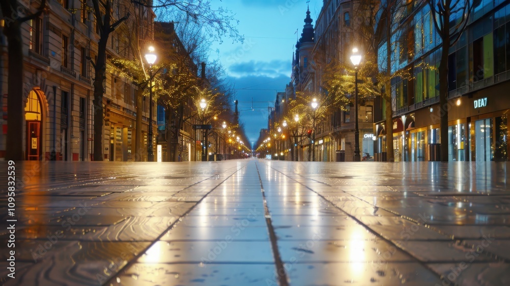 Quiet nighttime stroll urban street photograph illuminated by warm streetlights symmetrical perspective peaceful atmosphere for relaxation