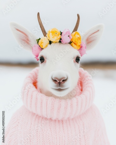 Adorable white goatling in pink sweater and flower crown.