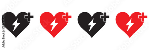 Aed sign with heart and electricity symbol.