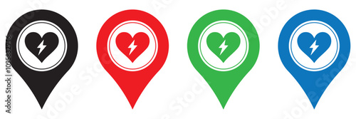 Aed sign with heart and electricity symbol.