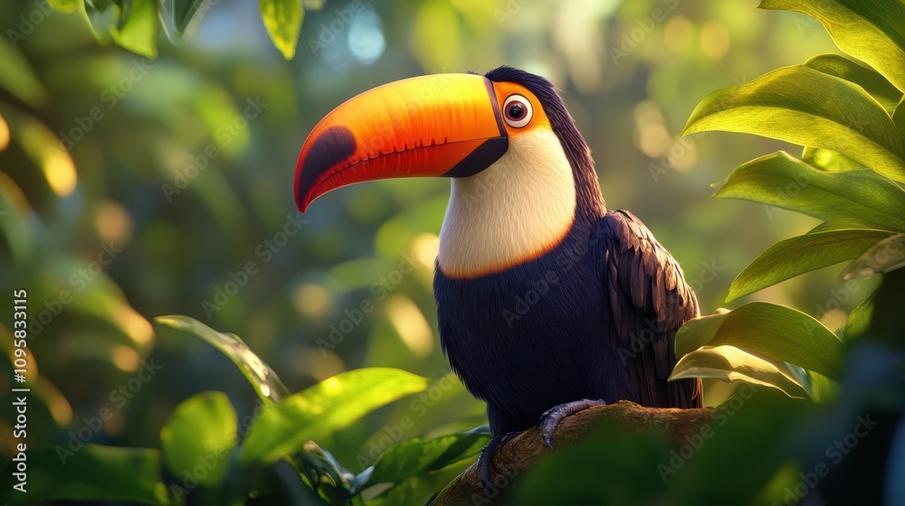 Fototapeta premium A toucan with its large, colorful beak perched on a branch, surrounded by the vibrant greenery of the tropical rainforest.