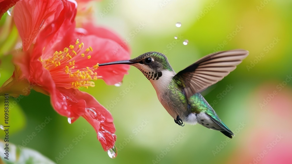 Fototapeta premium A close-up of a hummingbird hovering delicately near a bright red flower, its wings beating rapidly in perfect synchronization with the surrounding nature.