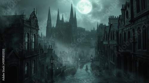 A solitary figure walks through a misty, moonlit street in a gothic city. photo