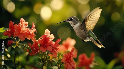 A close-up of a hummingbird hovering delicately near a bright red flower, its wings beating rapidly in perfect synchronization with the surrounding nature.