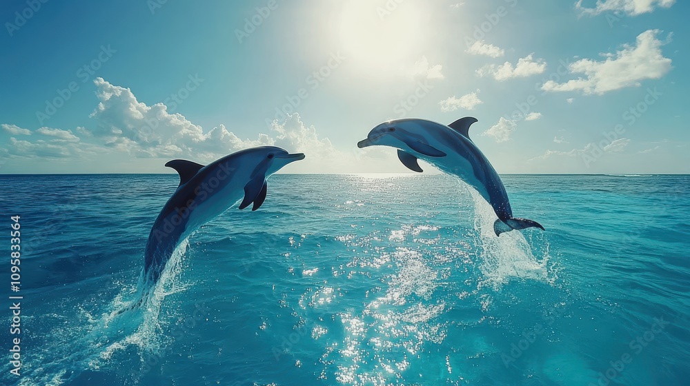 Fototapeta premium A 4K slow-motion shot of dolphins leaping playfully out of the turquoise ocean, their sleek bodies glistening under the bright sun.