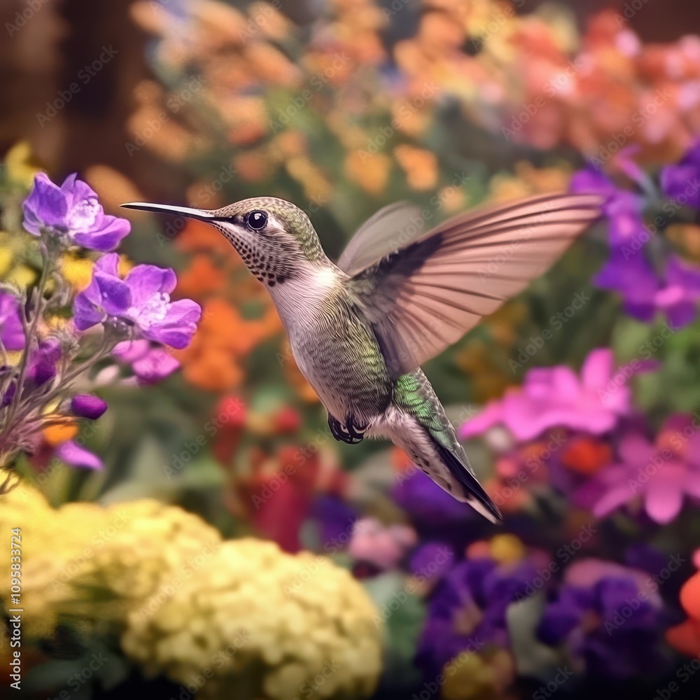 Fototapeta premium A 4K slow-motion video of a hummingbird hovering near a cluster of vibrant flowers, its wings beating rapidly as it sips nectar.