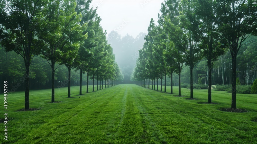 Misty morning light illuminating geometric forest scene aesthetic woodland landscape soft green and gray tones architectural composition Misty morning light illuminating geometric forest scene aesthetic woodland landscape soft green and gray tones architectural composition