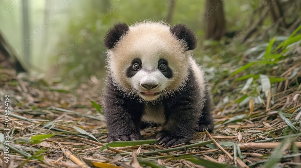Fototapeta premium A panda cub playing in a bamboo forest, its soft black-and-white fur and playful antics providing a heartwarming glimpse into nature.