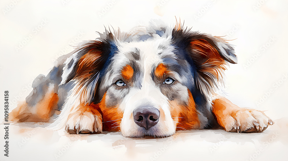 Fototapeta premium A watercolor Australian Shepherd lying in a relaxed pose, its fluffy coat spread softly around it, painted gently against white