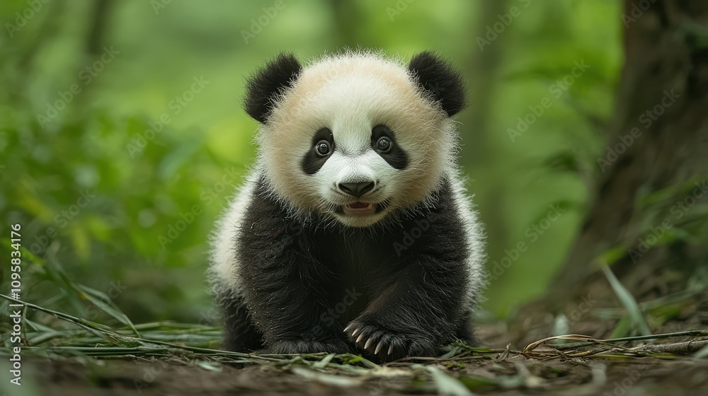 Obraz premium A panda cub playing in a bamboo forest, its soft black-and-white fur and playful antics providing a heartwarming glimpse into nature.