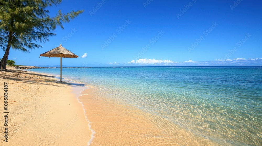 A sunny beach scene with clear blue water, golden sand, palm trees, and a beach umbrella casting a shadow A sunny beach scene with clear blue water, golden sand, palm trees, and a beach umbrella casting a shadow