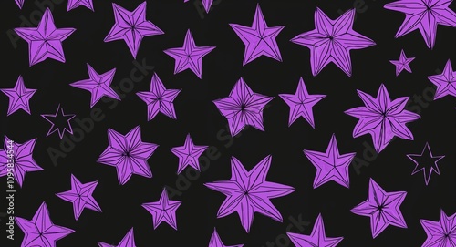 Purple Star pattern hand drawn design on Black background illustration