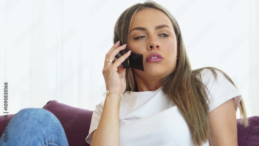 Happy Young Woman Talking Over Old Flip Mobile Phone, Close Up Happy Young Woman Talking Over Old Flip Mobile Phone, Close Up