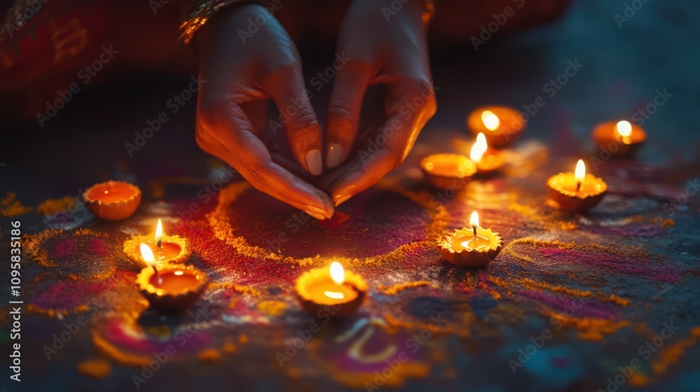 A close-up of hands carefully arranging traditional Diwali diyas in a colorful rangoli design, glowing with warm light in the evening. A close-up of hands carefully arranging traditional Diwali diyas in a colorful rangoli design, glowing with warm light in the evening.
