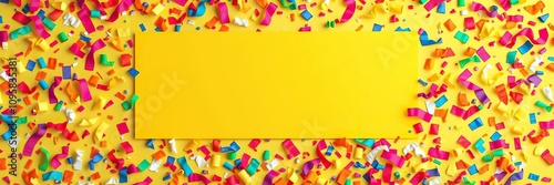 Colorful confetti scattered around a yellow banner with a large copy space in the middle, yellow background, festive atmosphere