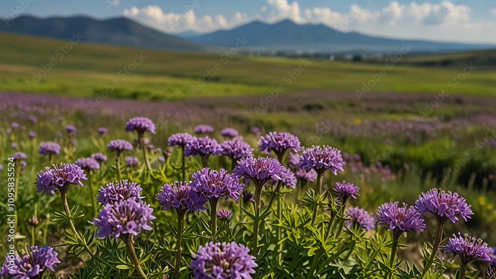 Fototapeta premium A stretch of purple verbana flowers with a background of green savanna hills and a cloudy blue sky with bokeh background