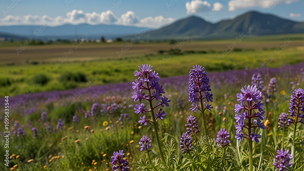 Obraz premium A stretch of purple verbana flowers with a background of green savanna hills and a cloudy blue sky with bokeh background