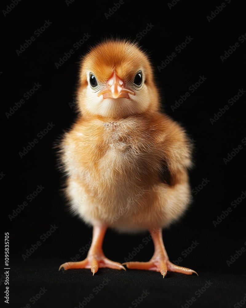 Obraz premium the baby Rhode Island Red front view, white copy space on right, Isolated on black Background