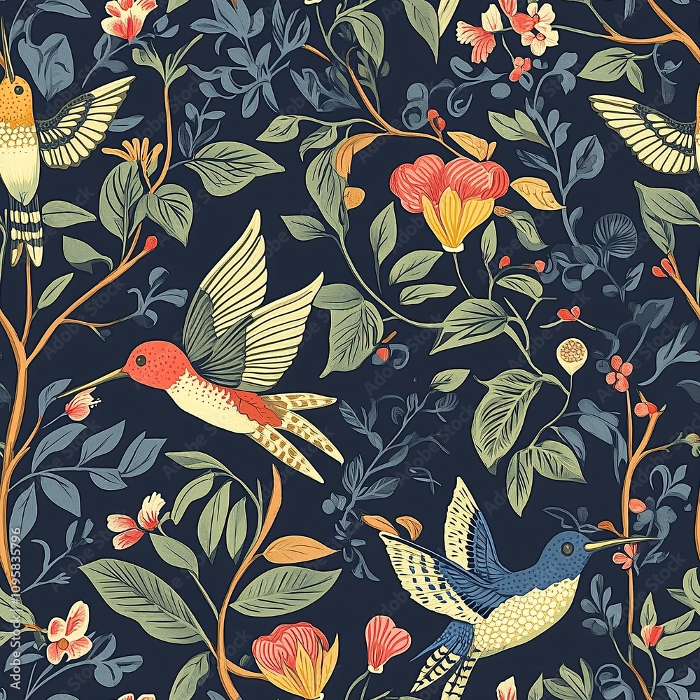 Seamless pattern with hummingbirds, flowers and leaves on dark background. Seamless pattern with hummingbirds, flowers and leaves on dark background.