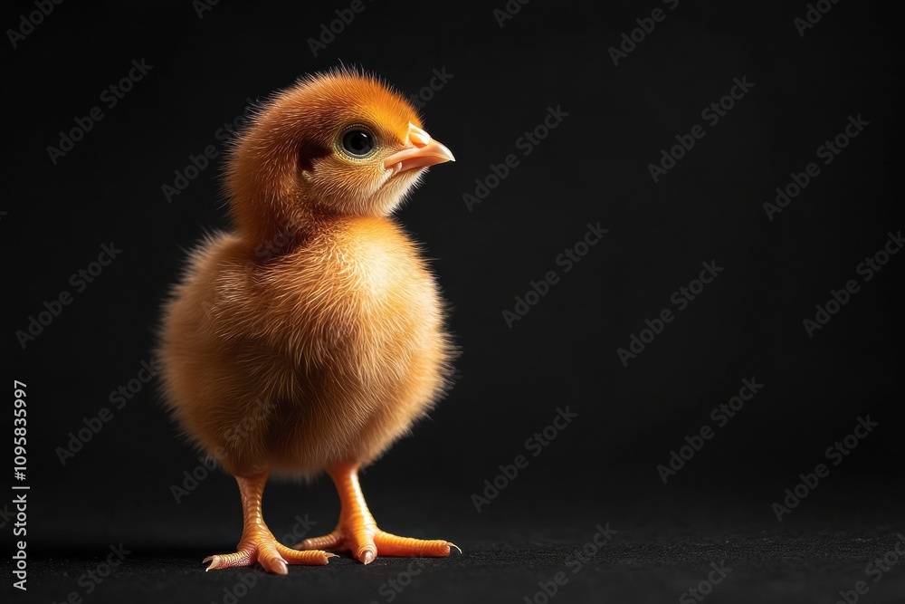 the beside view baby Rhode Island Red standing, left side view, low angle, white copy space on right, Isolated on black Background the beside view baby Rhode Island Red standing, left side view, low angle, white copy space on right, Isolated on black Background