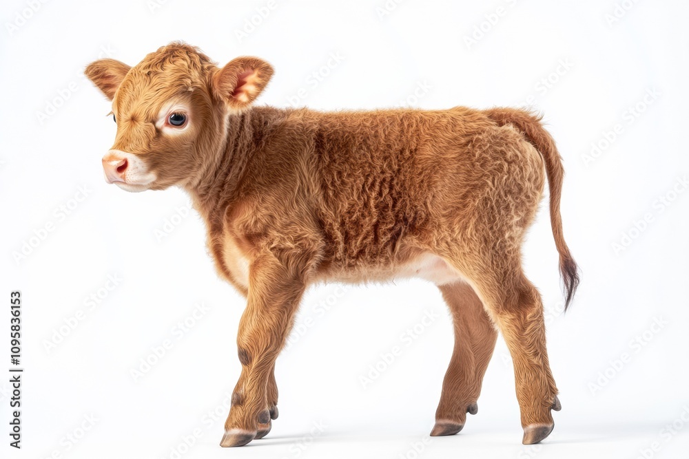 Fototapeta premium the beside view baby Limousin Cow standing, left side view, low angle, white copy space on right, Isolated on White Background