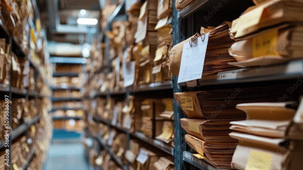 Obraz premium cluttered archive room filled with stacks of paper files and folders on metal shelves, representing traditional document storage. scene conveys sense of overwhelming organization