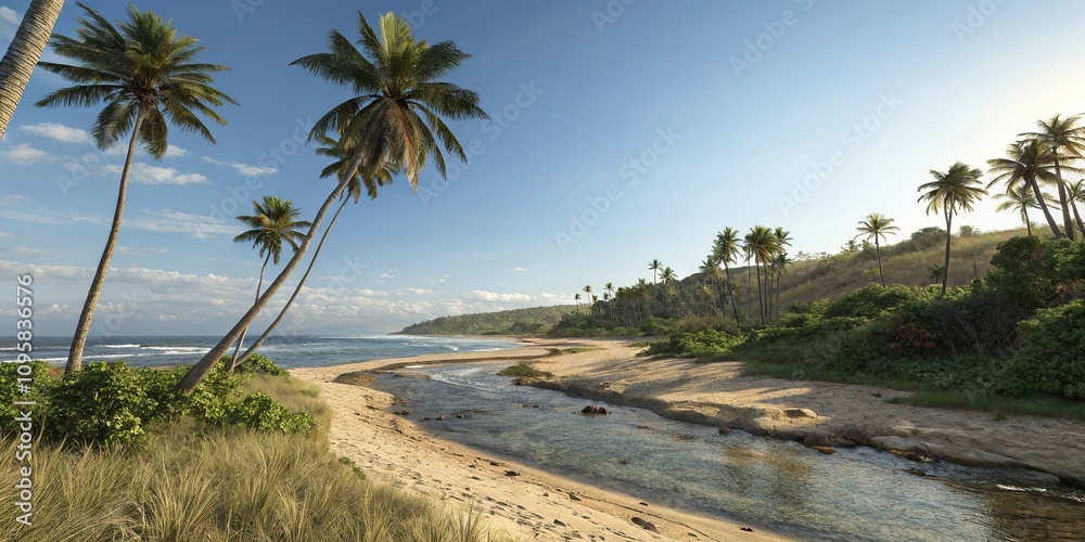 Beach landscape with palm trees above a summer inlet, coastal scenery, beach landscape Beach landscape with palm trees above a summer inlet, coastal scenery, beach landscape