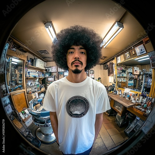 A man with an afro stands in a barber shop. photo