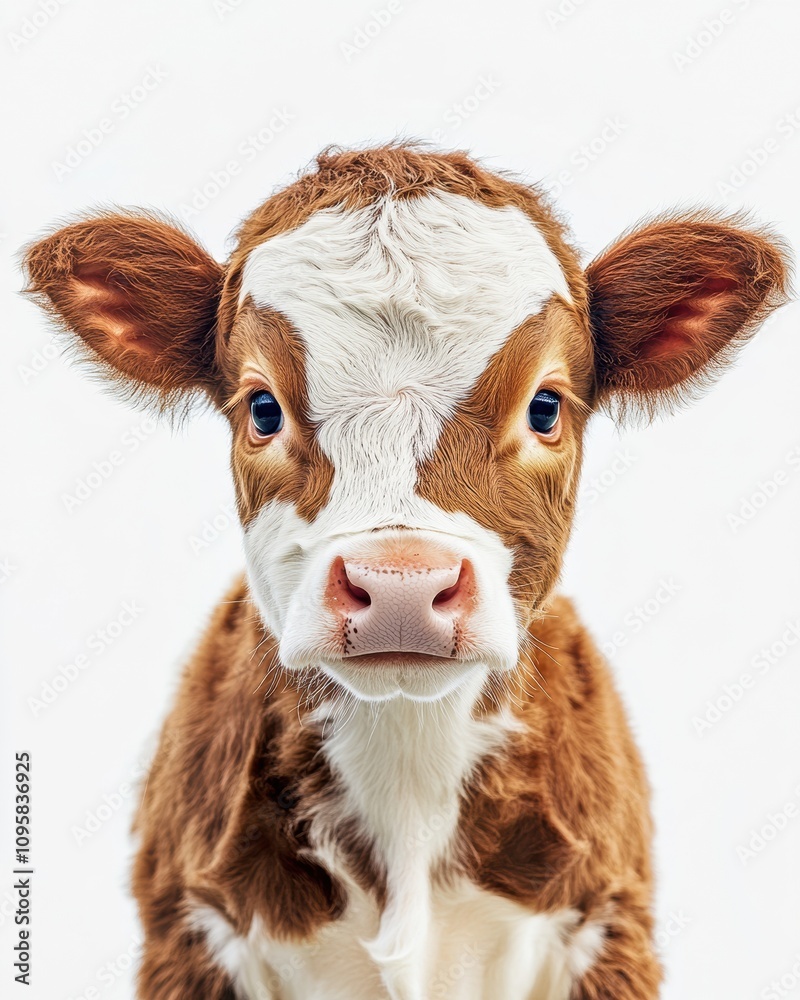 Mystic portrait of baby Holstein Cow, copy space on right side, Headshot, Close-up View, isolated on white background Mystic portrait of baby Holstein Cow, copy space on right side, Headshot, Close-up View, isolated on white background